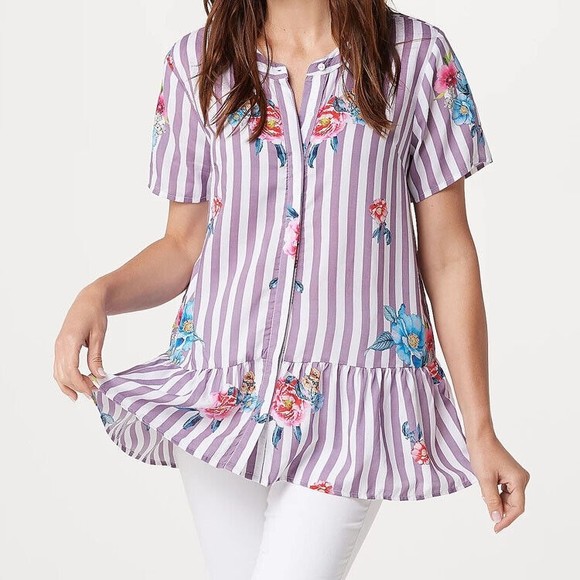 Tolani Tops - Tolani Collection Regular Button Front Woven Tunic (Lilac/White Floral)